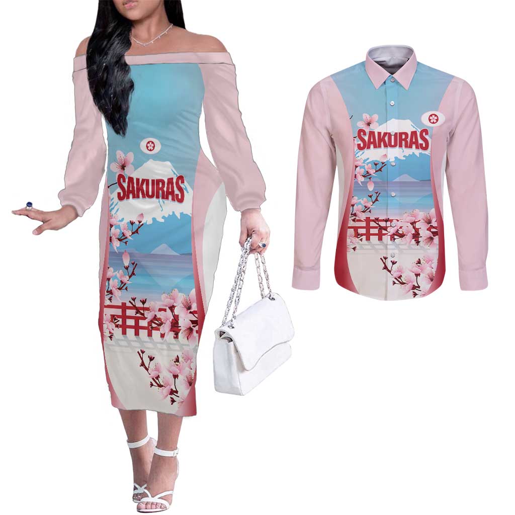 Japan Rugby Custom Couples Matching Off The Shoulder Long Sleeve Dress and Long Sleeve Button Shirt Go Sakuras Japanese Mount Fuji