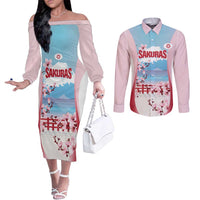 Japan Rugby Custom Couples Matching Off The Shoulder Long Sleeve Dress and Long Sleeve Button Shirt Go Sakuras Japanese Mount Fuji