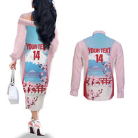 Japan Rugby Custom Couples Matching Off The Shoulder Long Sleeve Dress and Long Sleeve Button Shirt Go Sakuras Japanese Mount Fuji