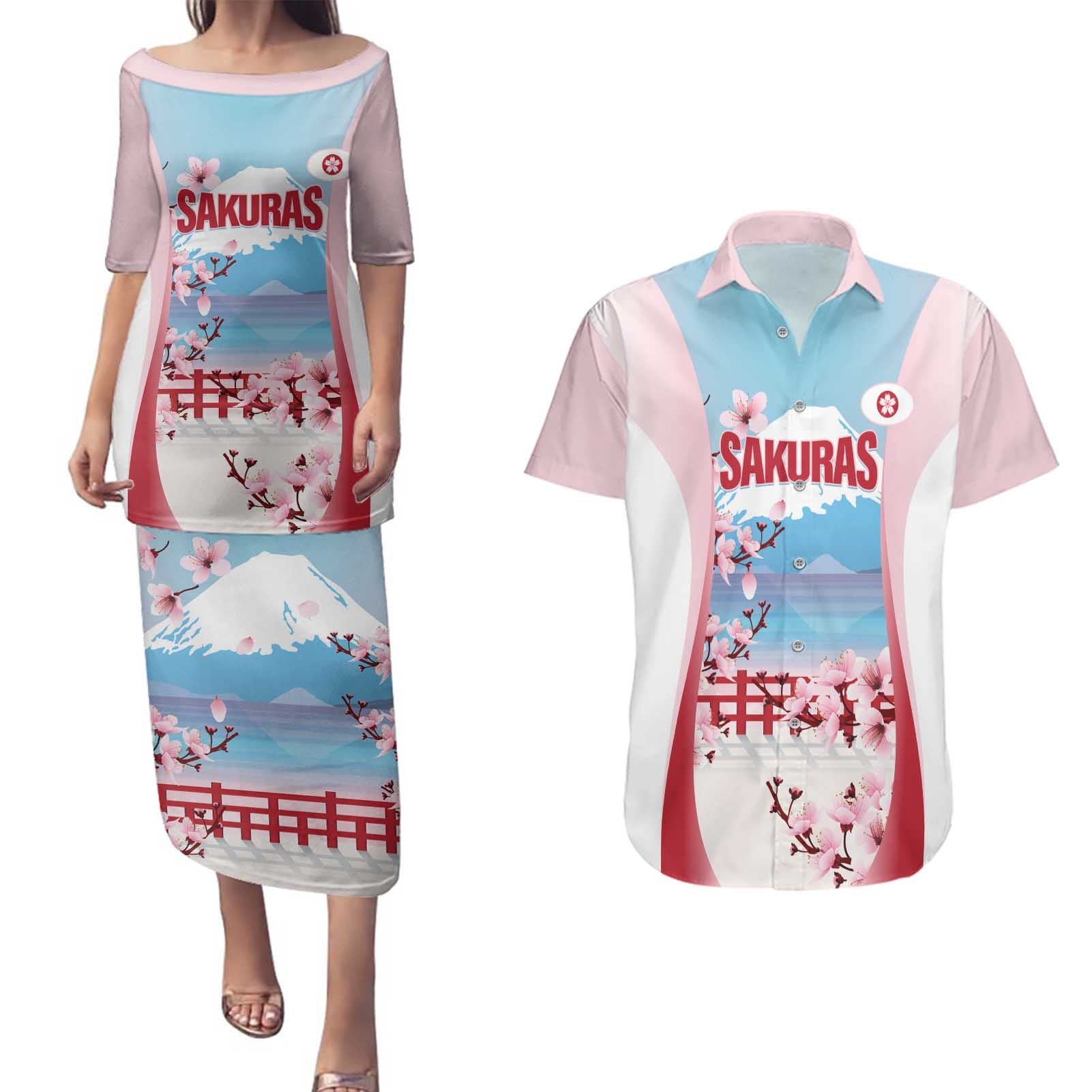 Japan Rugby Custom Couples Matching Puletasi and Hawaiian Shirt Go Sakuras Japanese Mount Fuji