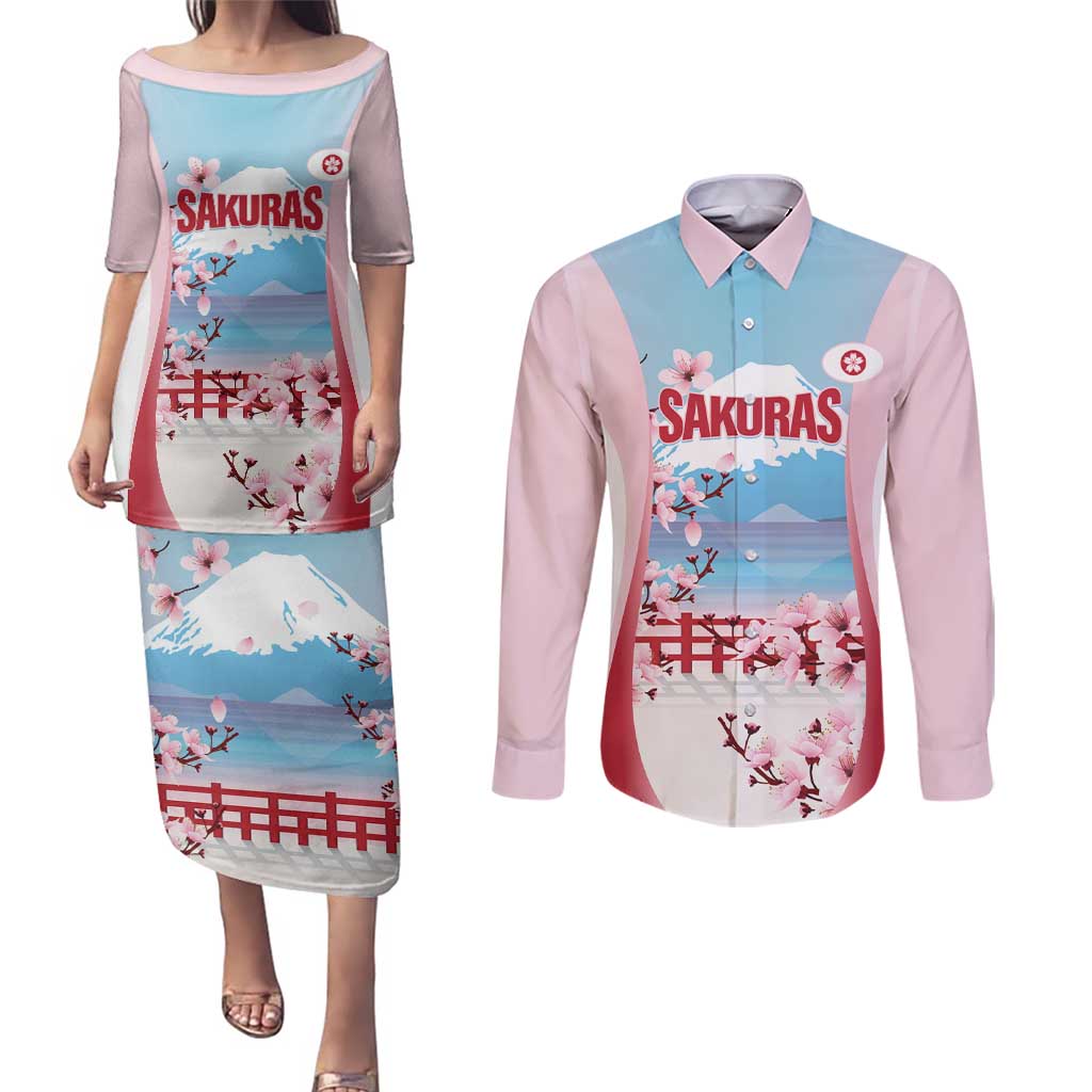 Japan Rugby Custom Couples Matching Puletasi and Long Sleeve Button Shirt Go Sakuras Japanese Mount Fuji