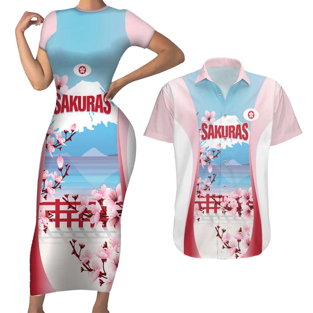 Japan Rugby Custom Couples Matching Short Sleeve Bodycon Dress and Hawaiian Shirt Go Sakuras Japanese Mount Fuji