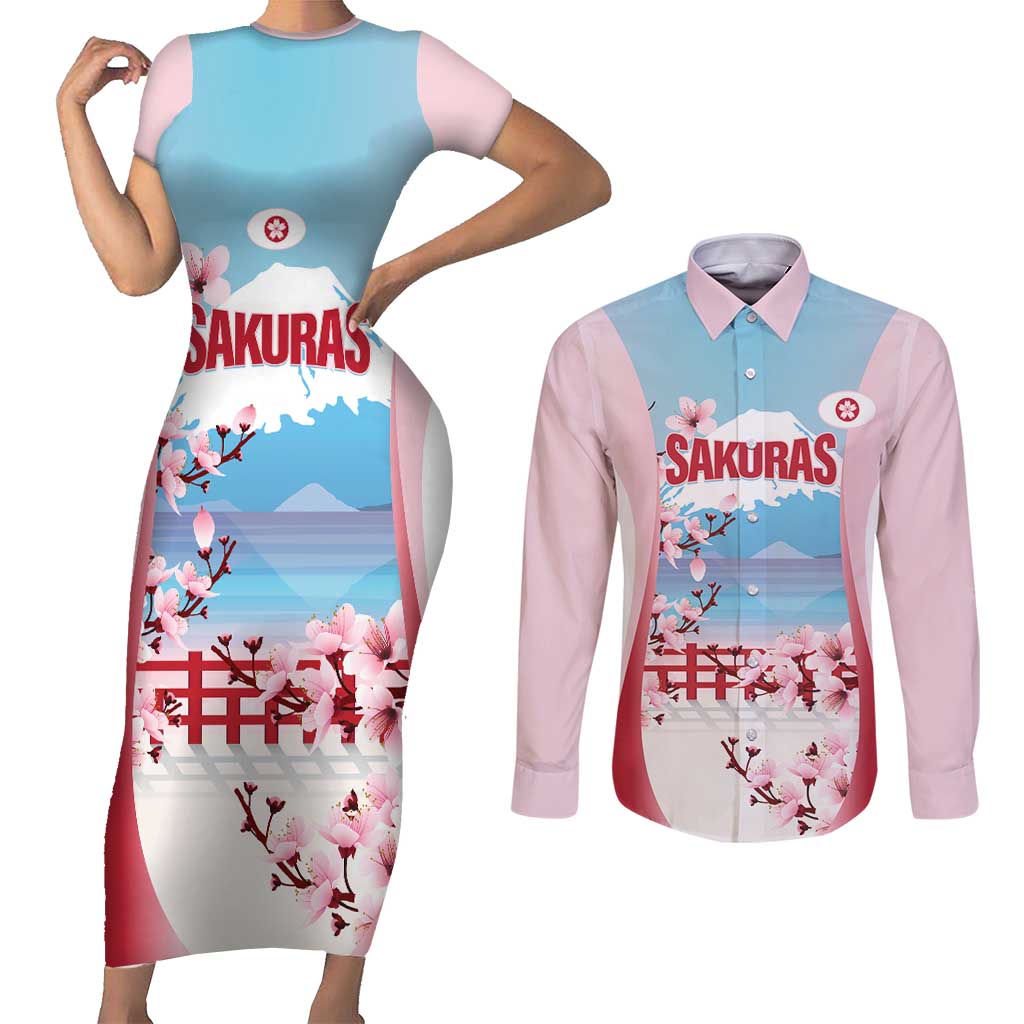 Japan Rugby Custom Couples Matching Short Sleeve Bodycon Dress and Long Sleeve Button Shirt Go Sakuras Japanese Mount Fuji