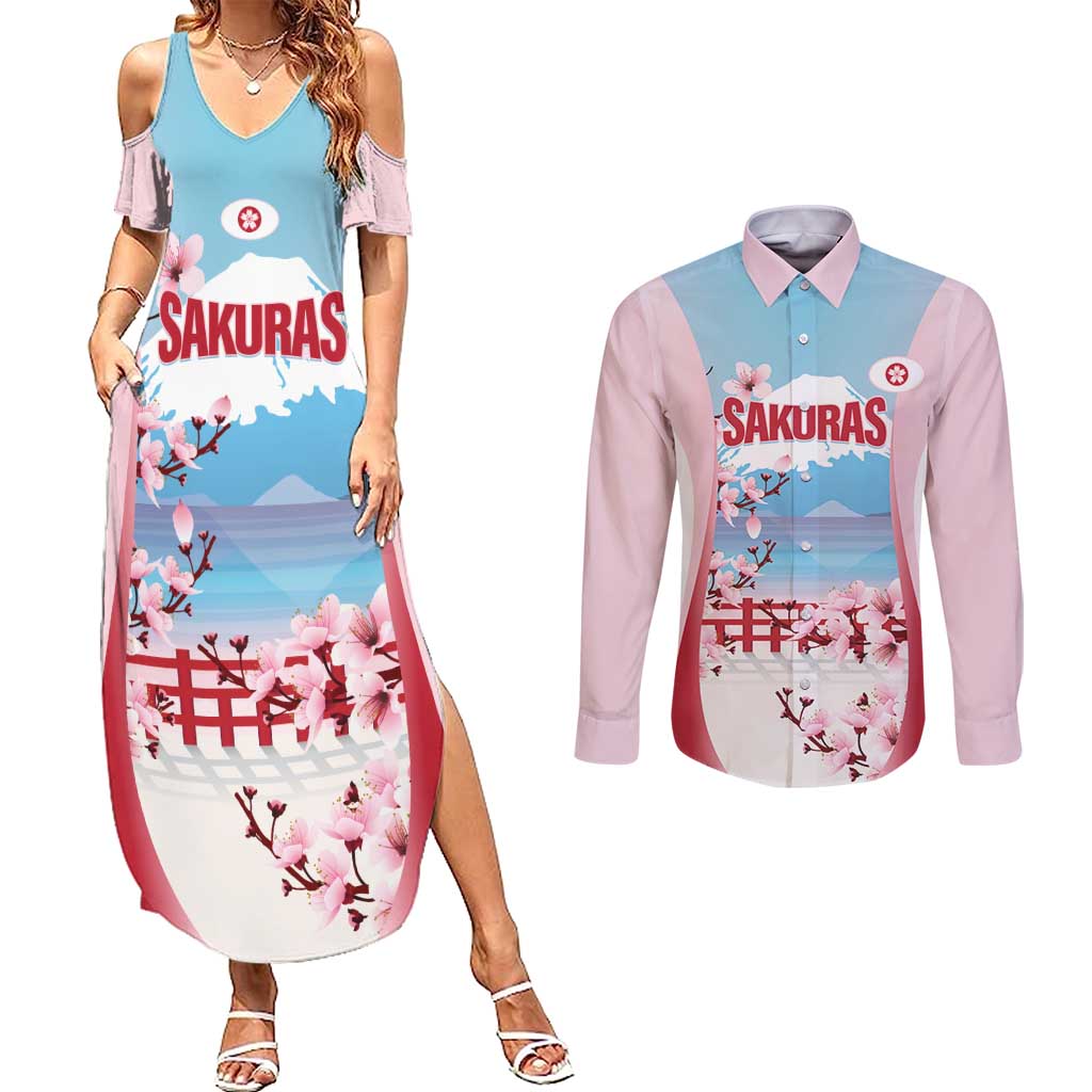 Japan Rugby Custom Couples Matching Summer Maxi Dress and Long Sleeve Button Shirt Go Sakuras Japanese Mount Fuji