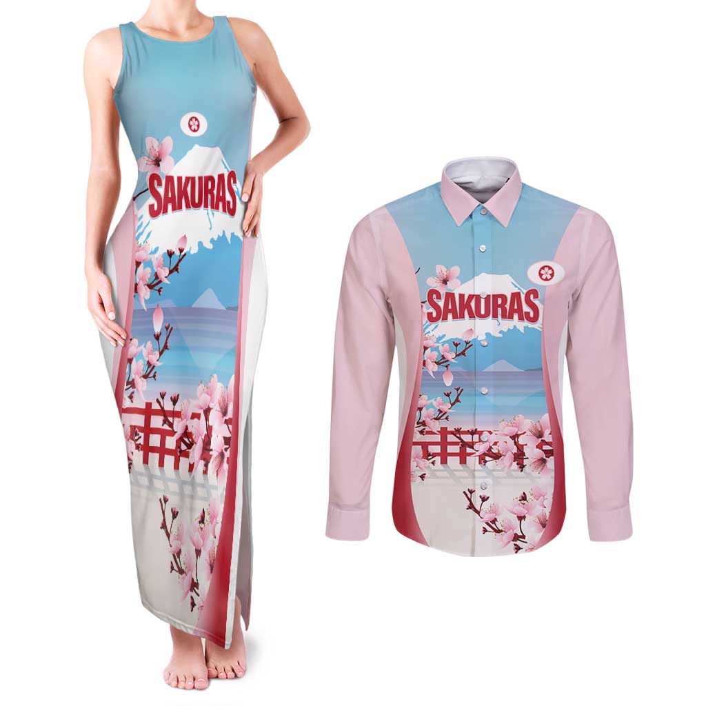 Japan Rugby Custom Couples Matching Tank Maxi Dress and Long Sleeve Button Shirt Go Sakuras Japanese Mount Fuji
