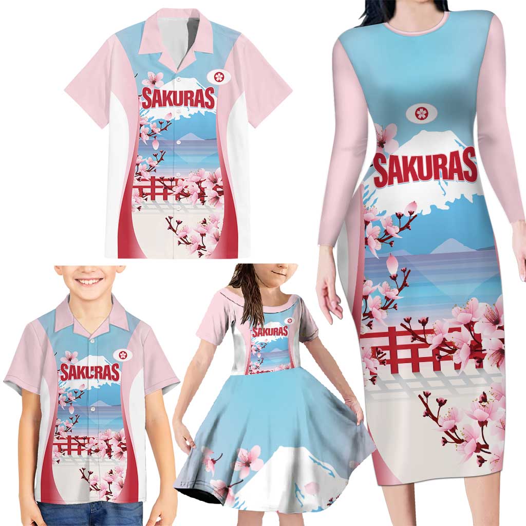 Japan Rugby Custom Family Matching Long Sleeve Bodycon Dress and Hawaiian Shirt Go Sakuras Japanese Mount Fuji