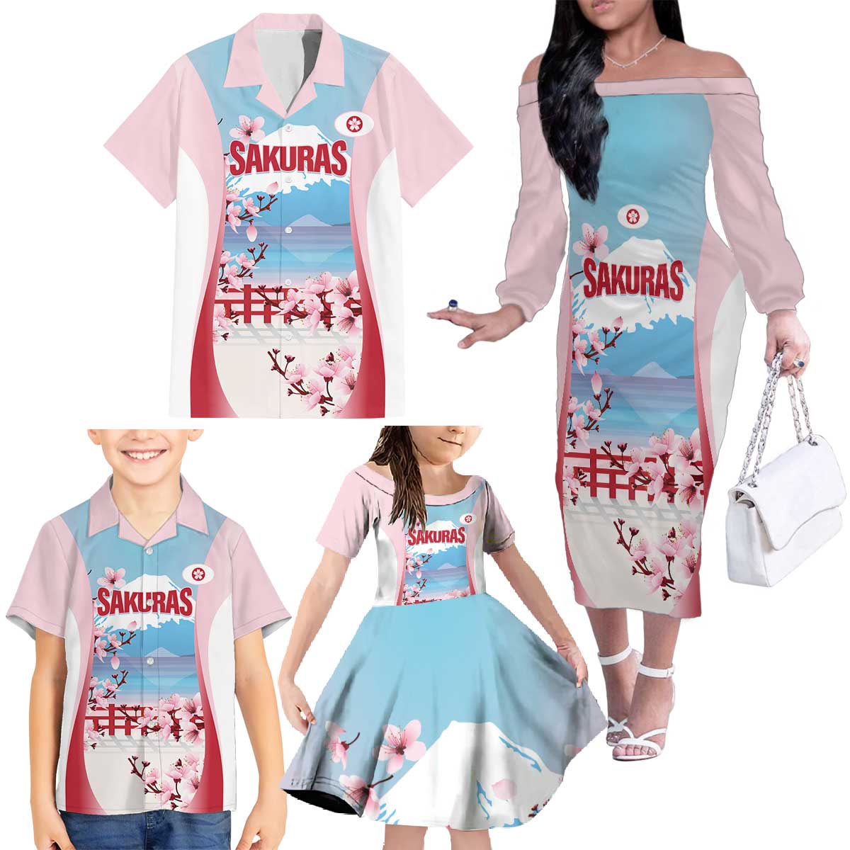 Japan Rugby Custom Family Matching Off The Shoulder Long Sleeve Dress and Hawaiian Shirt Go Sakuras Japanese Mount Fuji