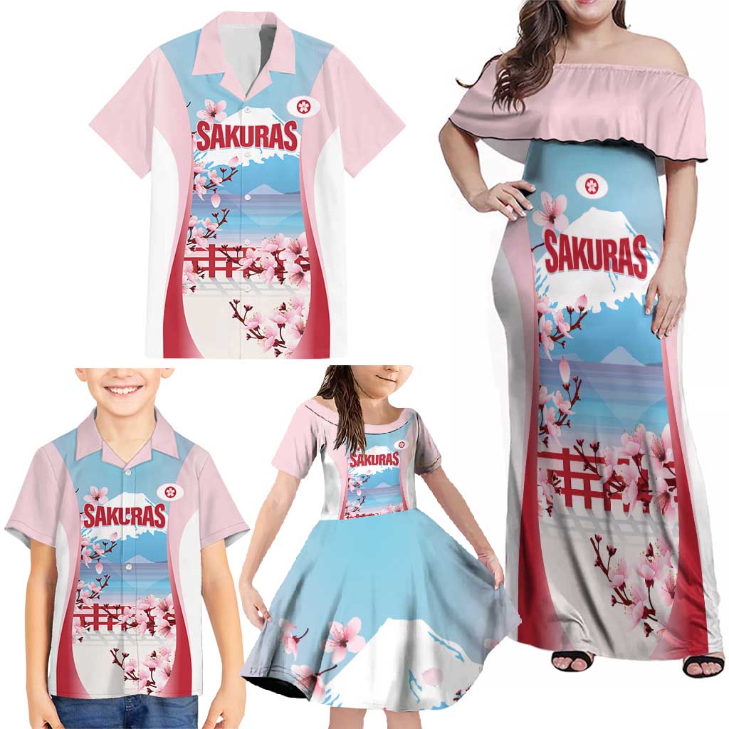 Japan Rugby Custom Family Matching Off Shoulder Maxi Dress and Hawaiian Shirt Go Sakuras Japanese Mount Fuji