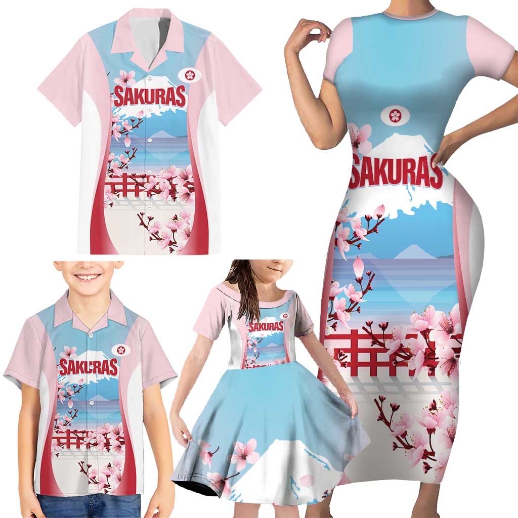 Japan Rugby Custom Family Matching Short Sleeve Bodycon Dress and Hawaiian Shirt Go Sakuras Japanese Mount Fuji