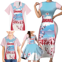 Japan Rugby Custom Family Matching Short Sleeve Bodycon Dress and Hawaiian Shirt Go Sakuras Japanese Mount Fuji