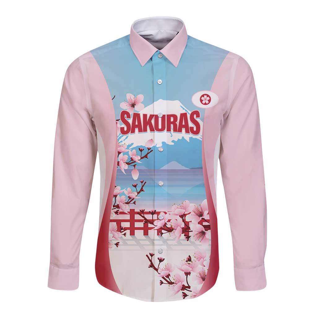 Japan Rugby Custom Long Sleeve Button Shirt Go Sakuras Japanese Mount Fuji