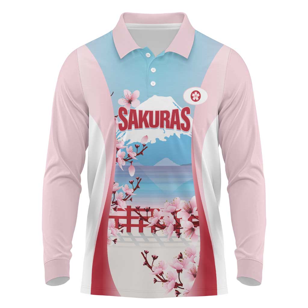 Japan Rugby Custom Long Sleeve Polo Shirt Go Sakuras Japanese Mount Fuji