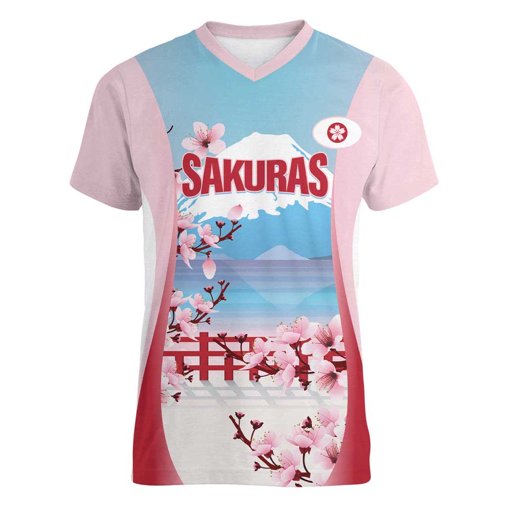 Japan Rugby Custom Women V-Neck T-Shirt Go Sakuras Japanese Mount Fuji
