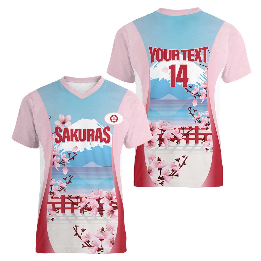 Japan Rugby Custom Women V-Neck T-Shirt Go Sakuras Japanese Mount Fuji
