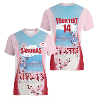 Japan Rugby Custom Women V-Neck T-Shirt Go Sakuras Japanese Mount Fuji