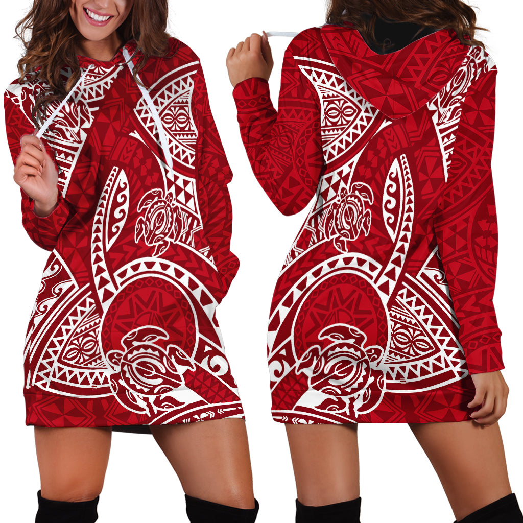 Polynesian Pride Hawaii Hoodie Dress Hawaiian Tribal Honu Red Version - Wonder Print Shop