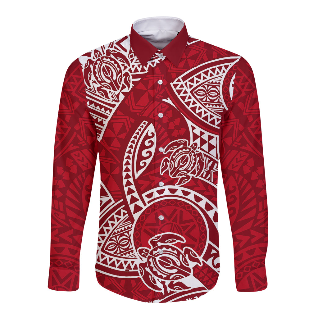 Polynesian Pride Hawaii Long Sleeve Button Shirt Hawaiian Tribal Honu Red Version - Wonder Print Shop