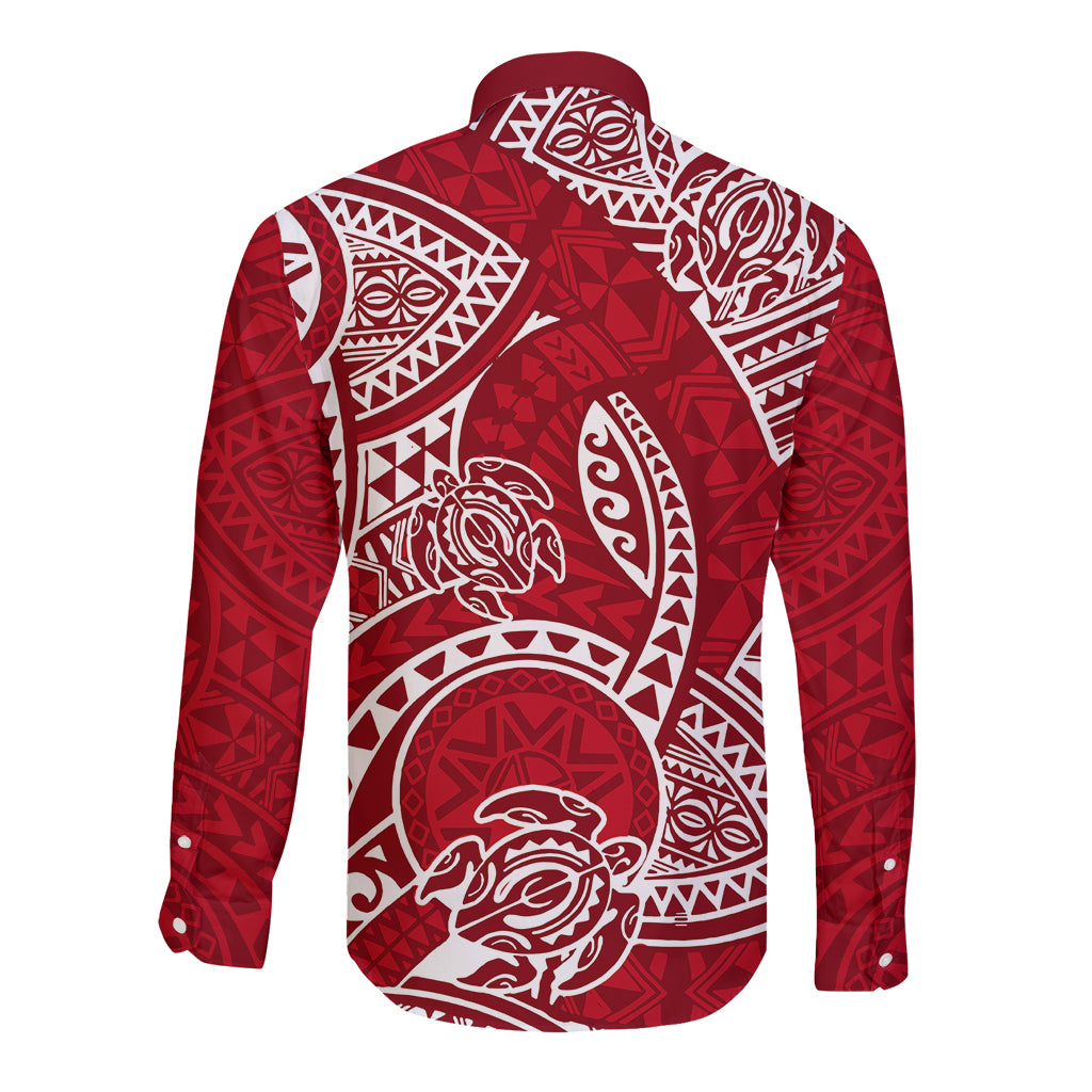 Polynesian Pride Hawaii Long Sleeve Button Shirt Hawaiian Tribal Honu Red Version - Wonder Print Shop