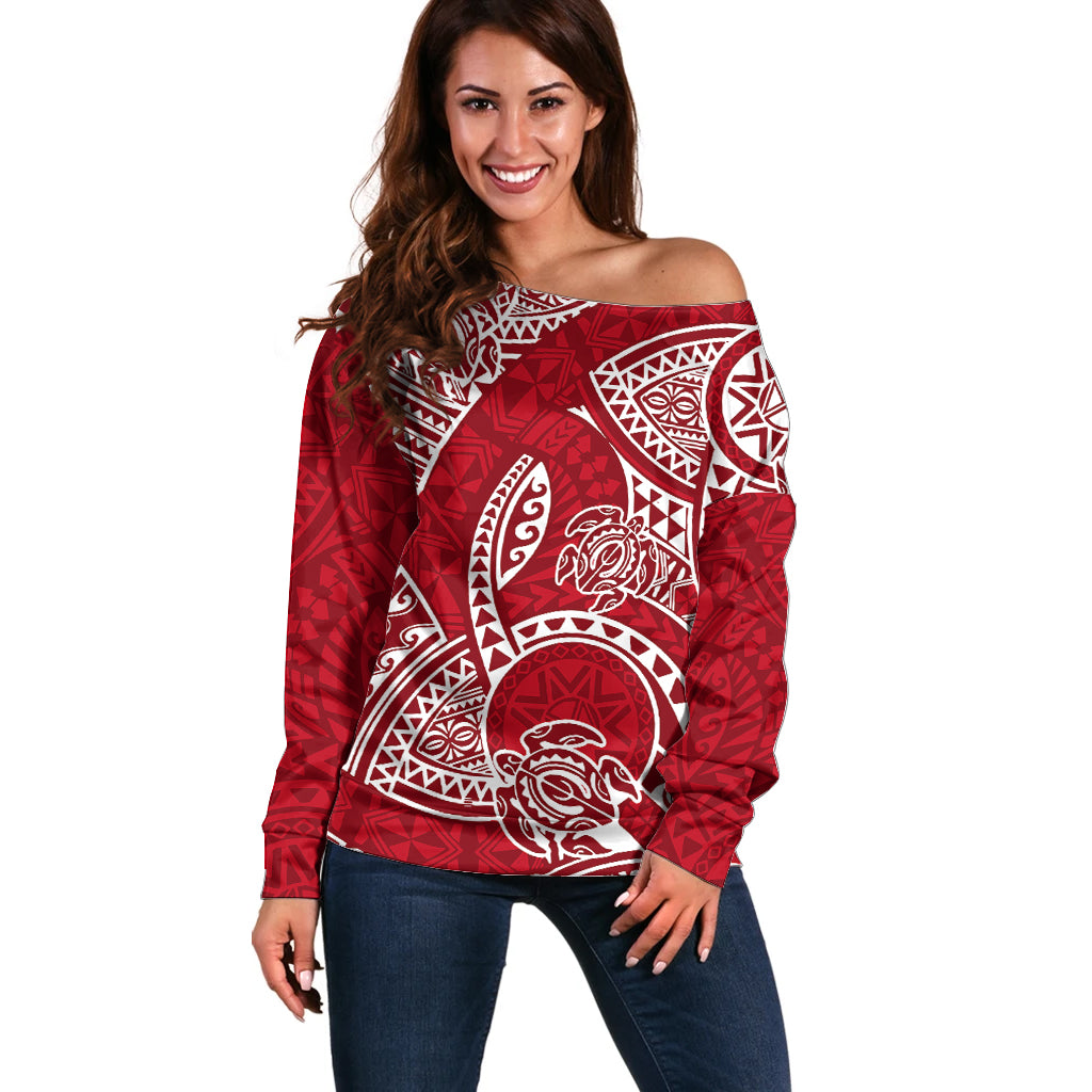 Polynesian Pride Hawaii Off Shoulder Sweater Hawaiian Tribal Honu Red Version - Wonder Print Shop