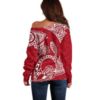 Polynesian Pride Hawaii Off Shoulder Sweater Hawaiian Tribal Honu Red Version - Wonder Print Shop