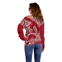 Polynesian Pride Hawaii Off Shoulder Sweater Hawaiian Tribal Honu Red Version - Wonder Print Shop