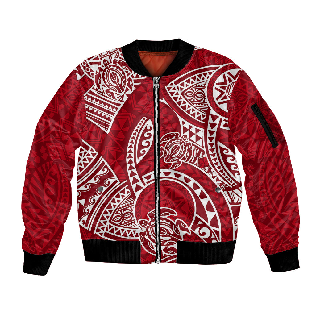 Polynesian Pride Hawaii Sleeve Zip Bomber Jacket Hawaiian Tribal Honu Red Version - Wonder Print Shop