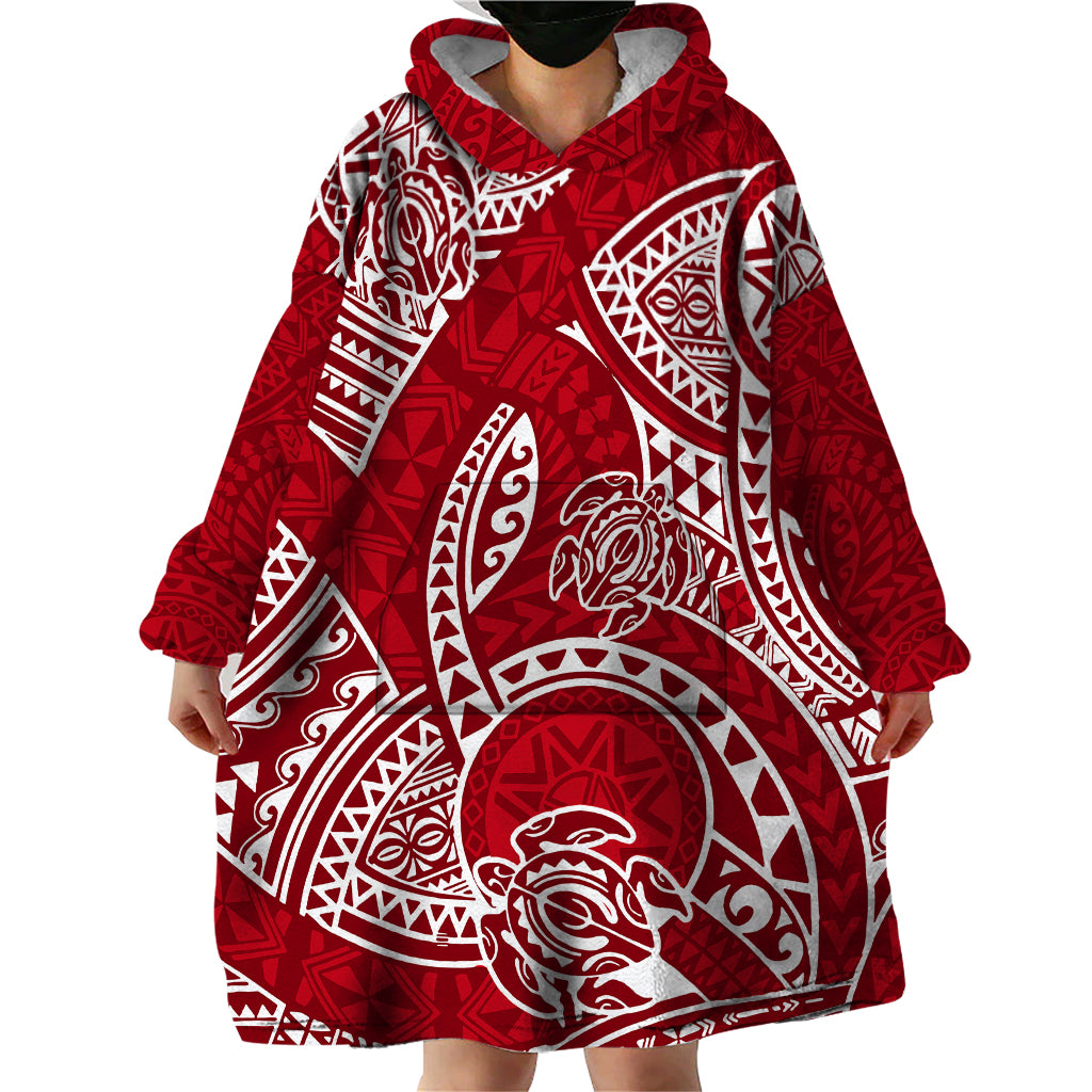 Polynesian Pride Hawaii Wearable Blanket Hoodie Hawaiian Tribal Honu Red Version - Wonder Print Shop