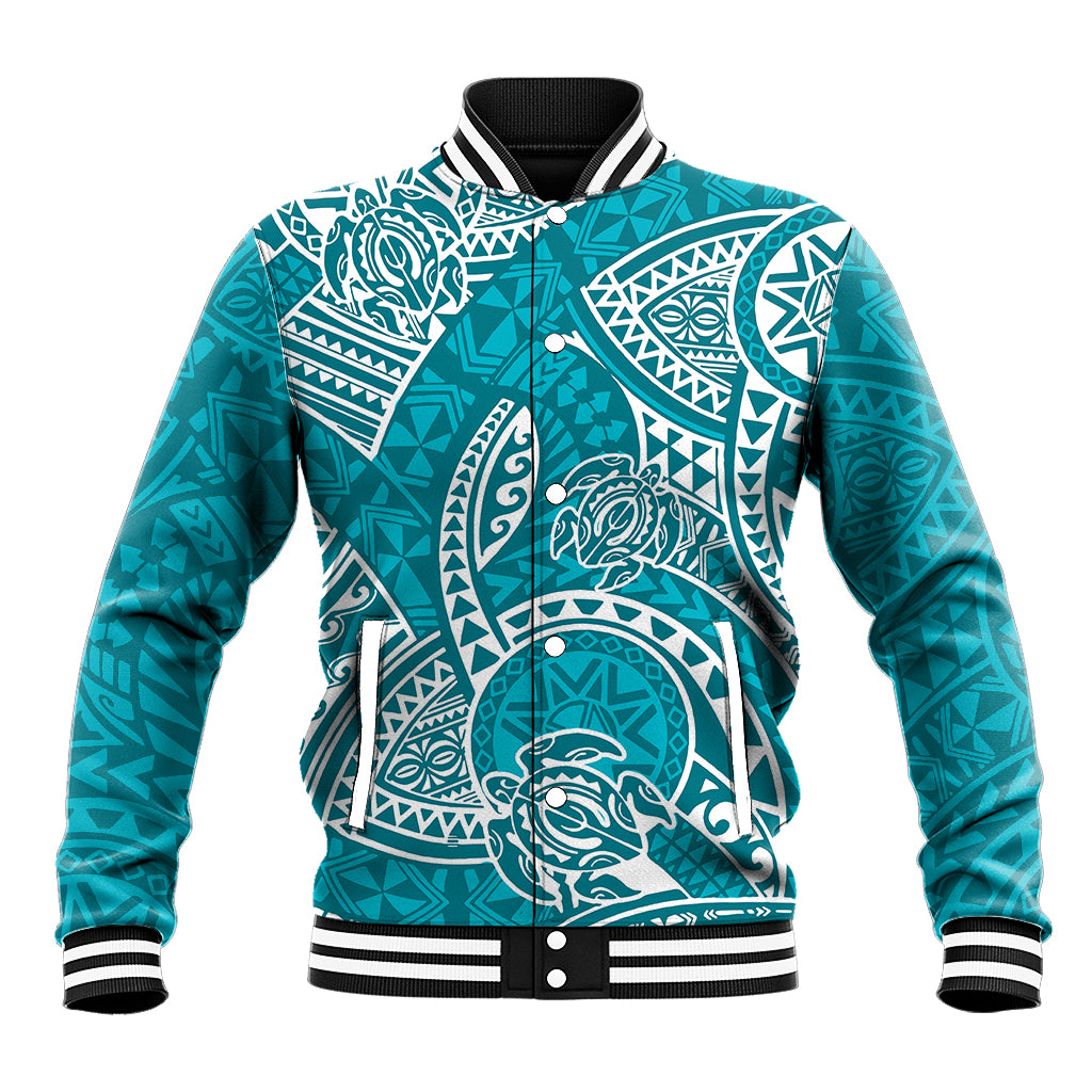 Polynesian Pride Hawaii Baseball Jacket Hawaiian Tribal Honu Turquoise Version - Wonder Print Shop