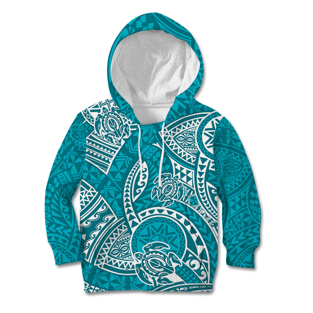 Polynesian Pride Hawaii Kid Hoodie Hawaiian Tribal Honu Turquoise Version - Wonder Print Shop
