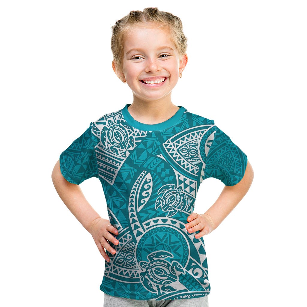 Polynesian Pride Hawaii Kid T Shirt Hawaiian Tribal Honu Turquoise Version - Wonder Print Shop