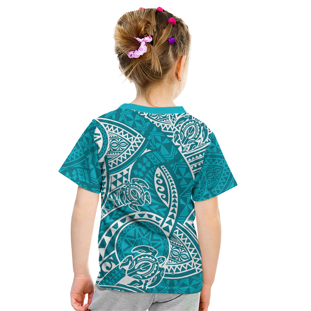 Kids turquoise short-sleeve T-shirt with white honu tribal back graphic