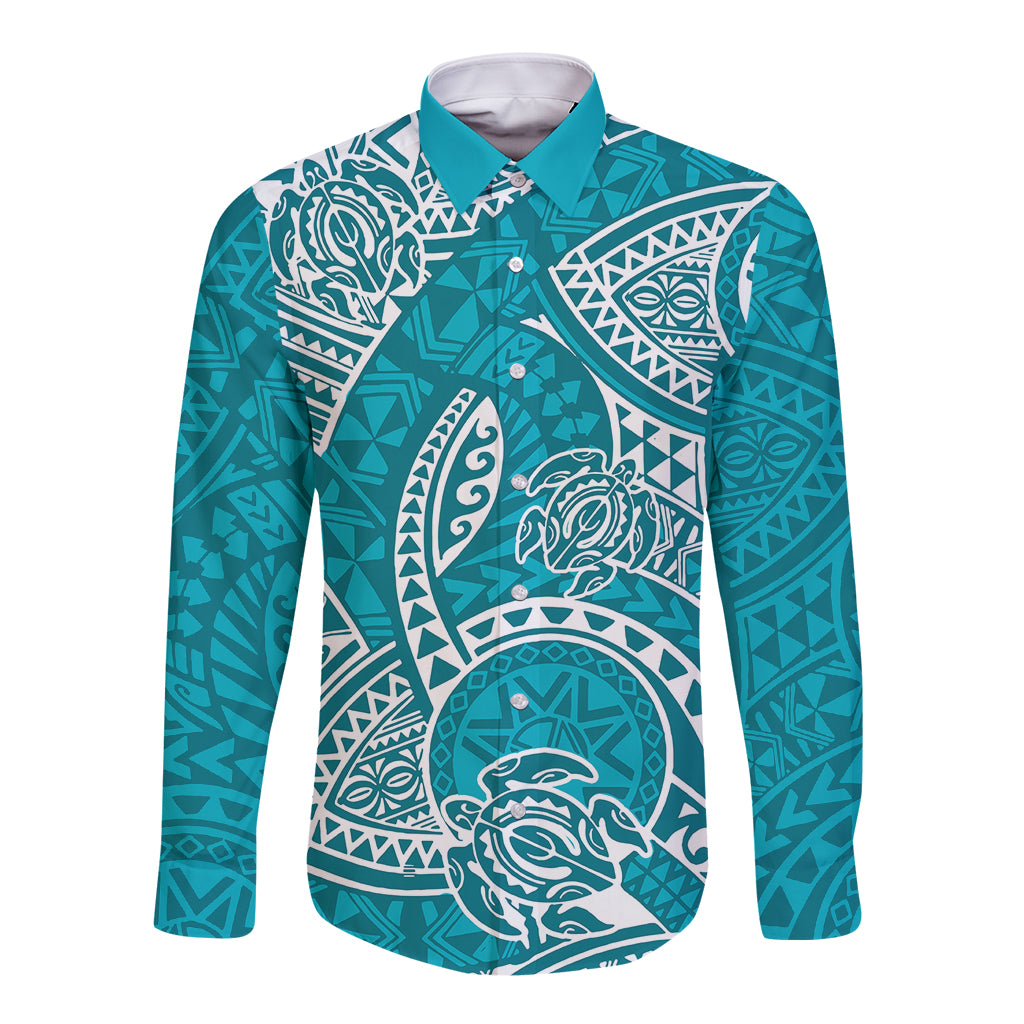 Polynesian Pride Hawaii Long Sleeve Button Shirt Hawaiian Tribal Honu Turquoise Version - Wonder Print Shop