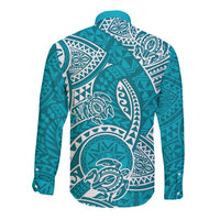 Polynesian Pride Hawaii Long Sleeve Button Shirt Hawaiian Tribal Honu Turquoise Version - Wonder Print Shop