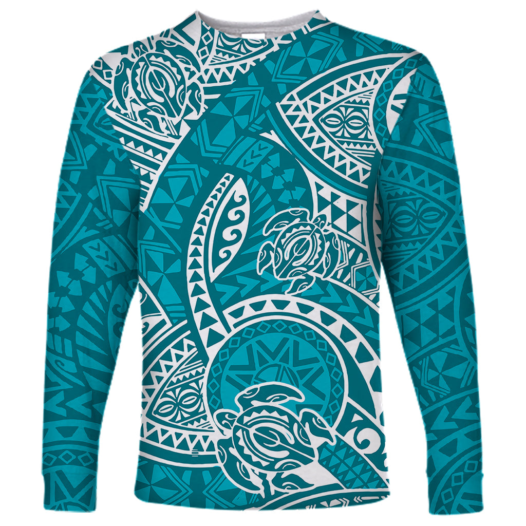 Polynesian Pride Hawaii Long Sleeve Shirt Hawaiian Tribal Honu Turquoise Version - Wonder Print Shop