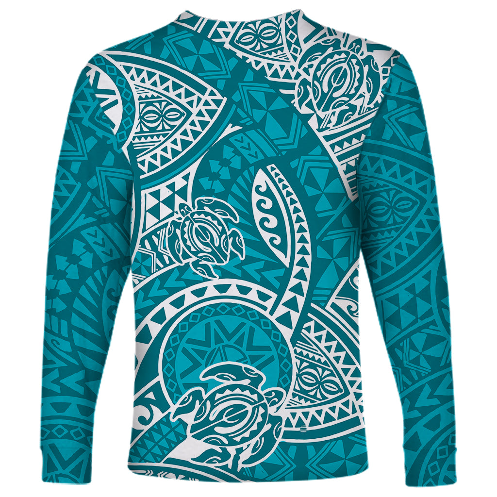 Polynesian Pride Hawaii Long Sleeve Shirt Hawaiian Tribal Honu Turquoise Version - Wonder Print Shop