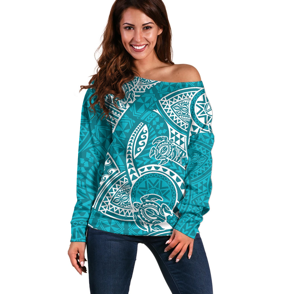 Polynesian Pride Hawaii Off Shoulder Sweater Hawaiian Tribal Honu Turquoise Version - Wonder Print Shop