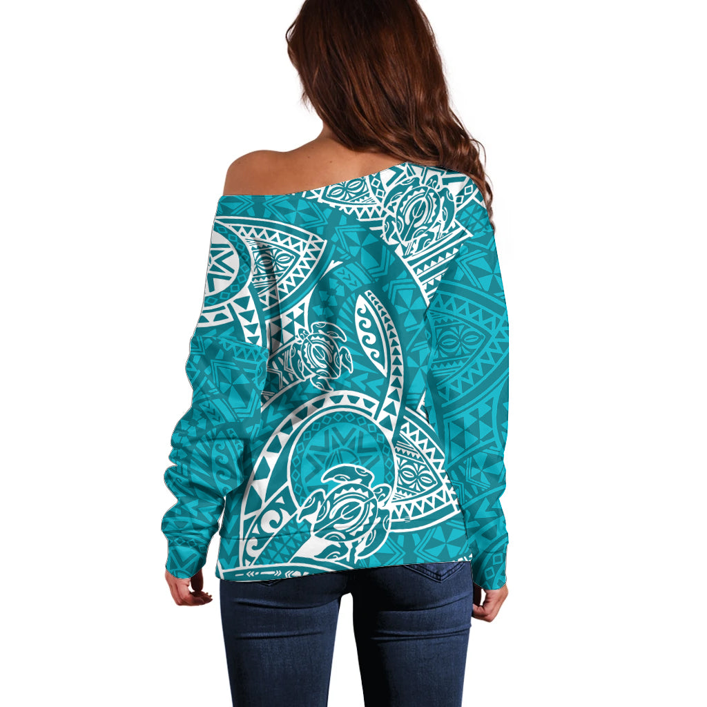 Polynesian Pride Hawaii Off Shoulder Sweater Hawaiian Tribal Honu Turquoise Version - Wonder Print Shop