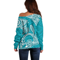 Polynesian Pride Hawaii Off Shoulder Sweater Hawaiian Tribal Honu Turquoise Version - Wonder Print Shop