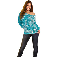 Polynesian Pride Hawaii Off Shoulder Sweater Hawaiian Tribal Honu Turquoise Version - Wonder Print Shop