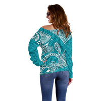 Polynesian Pride Hawaii Off Shoulder Sweater Hawaiian Tribal Honu Turquoise Version - Wonder Print Shop