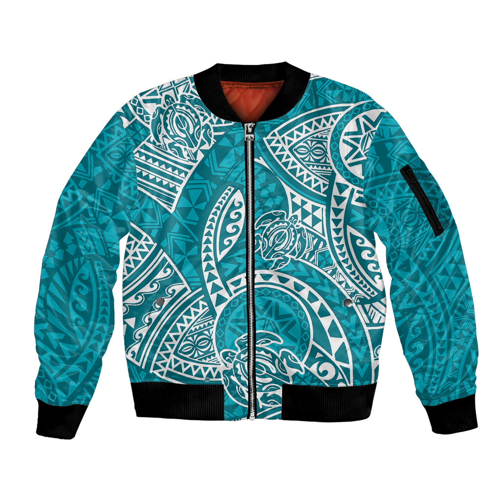 Polynesian Pride Hawaii Sleeve Zip Bomber Jacket Hawaiian Tribal Honu Turquoise Version - Wonder Print Shop