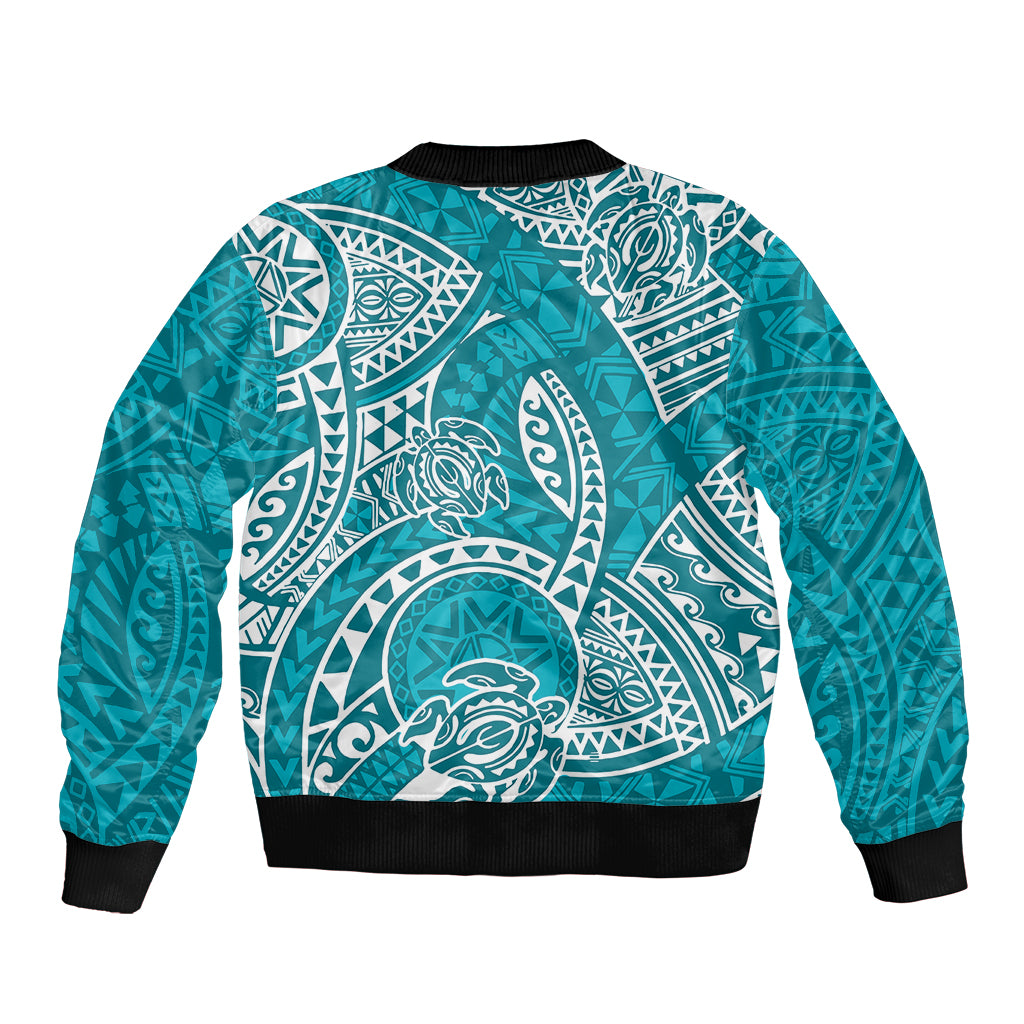 Polynesian Pride Hawaii Sleeve Zip Bomber Jacket Hawaiian Tribal Honu Turquoise Version - Wonder Print Shop