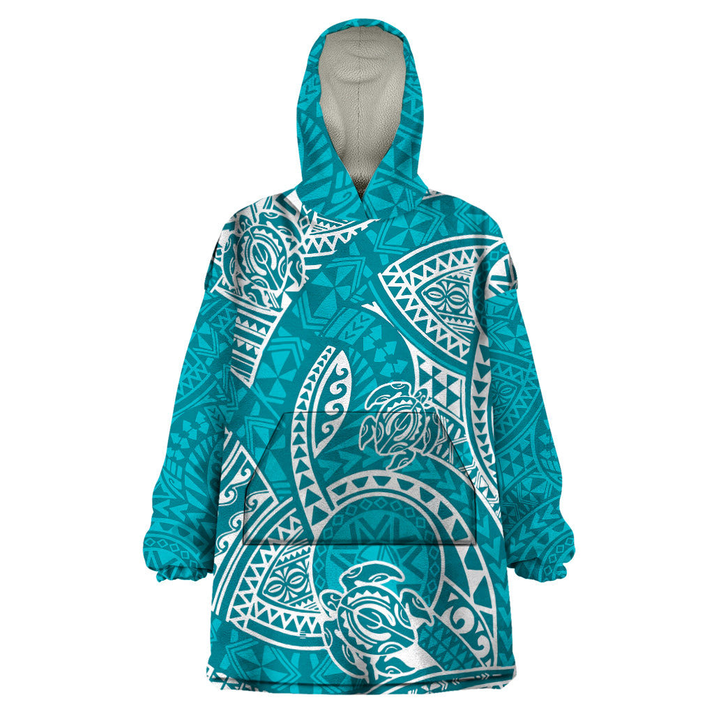 Polynesian Pride Hawaii Wearable Blanket Hoodie Hawaiian Tribal Honu Turquoise Version - Wonder Print Shop