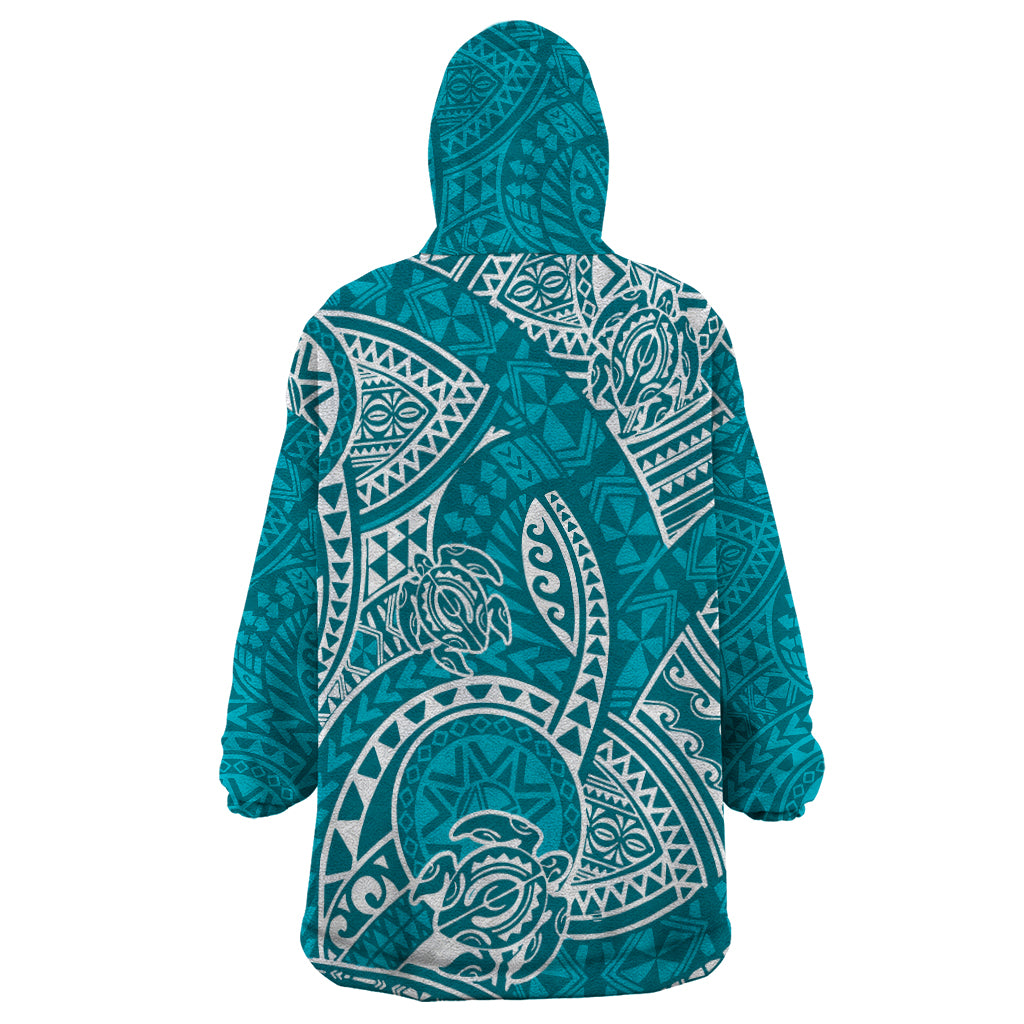 Polynesian Pride Hawaii Wearable Blanket Hoodie Hawaiian Tribal Honu Turquoise Version - Wonder Print Shop