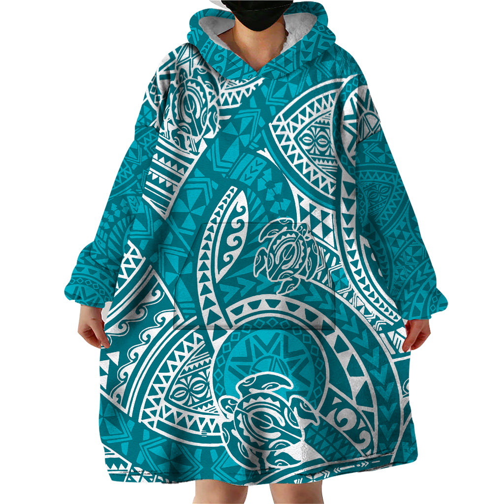 Polynesian Pride Hawaii Wearable Blanket Hoodie Hawaiian Tribal Honu Turquoise Version - Wonder Print Shop