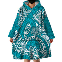 Polynesian Pride Hawaii Wearable Blanket Hoodie Hawaiian Tribal Honu Turquoise Version - Wonder Print Shop