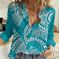 Polynesian Pride Hawaii Women Casual Shirt Hawaiian Tribal Honu Turquoise Version - Wonder Print Shop
