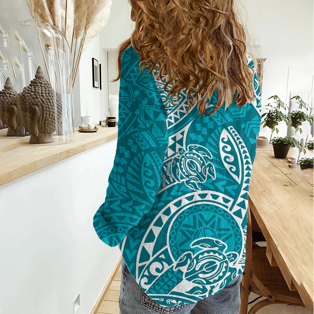 Polynesian Pride Hawaii Women Casual Shirt Hawaiian Tribal Honu Turquoise Version - Wonder Print Shop