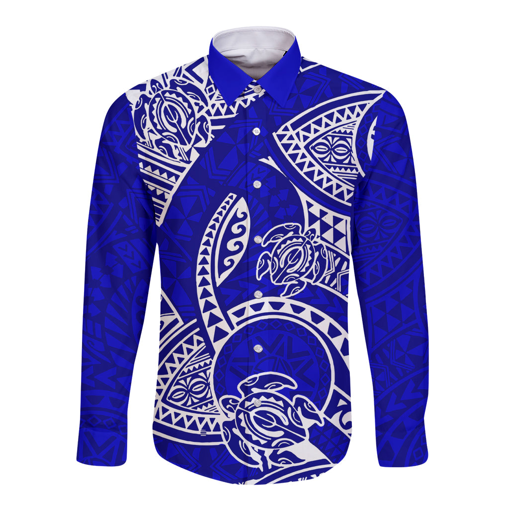 Polynesian Pride Hawaii Long Sleeve Button Shirt Hawaiian Tribal Honu Blue Version - Wonder Print Shop
