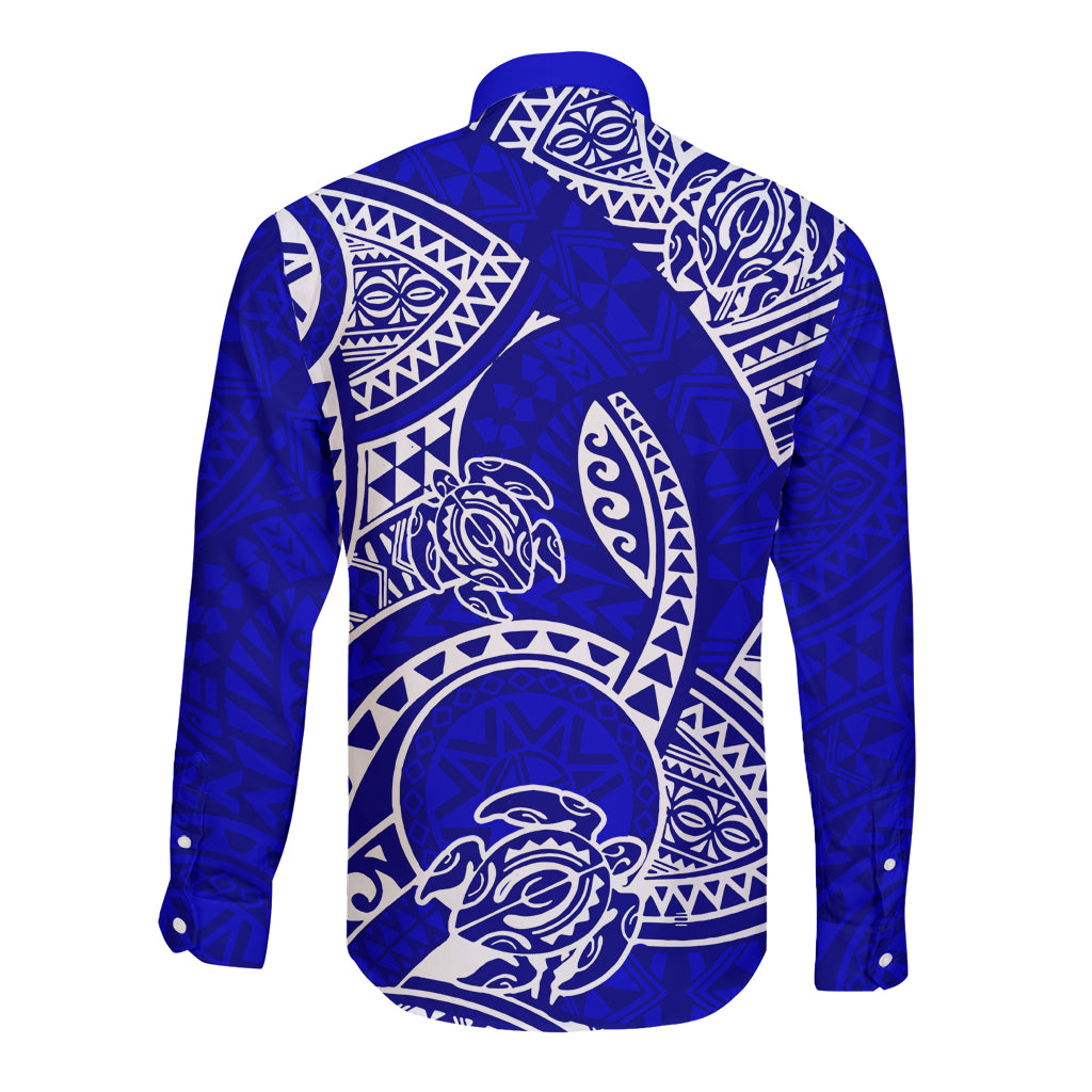 Polynesian Pride Hawaii Long Sleeve Button Shirt Hawaiian Tribal Honu Blue Version - Wonder Print Shop
